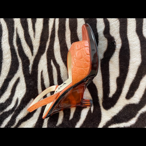 Y2K Prada Orange Snakeskin Lucite Wedge Heels - Picture 4 of 11
